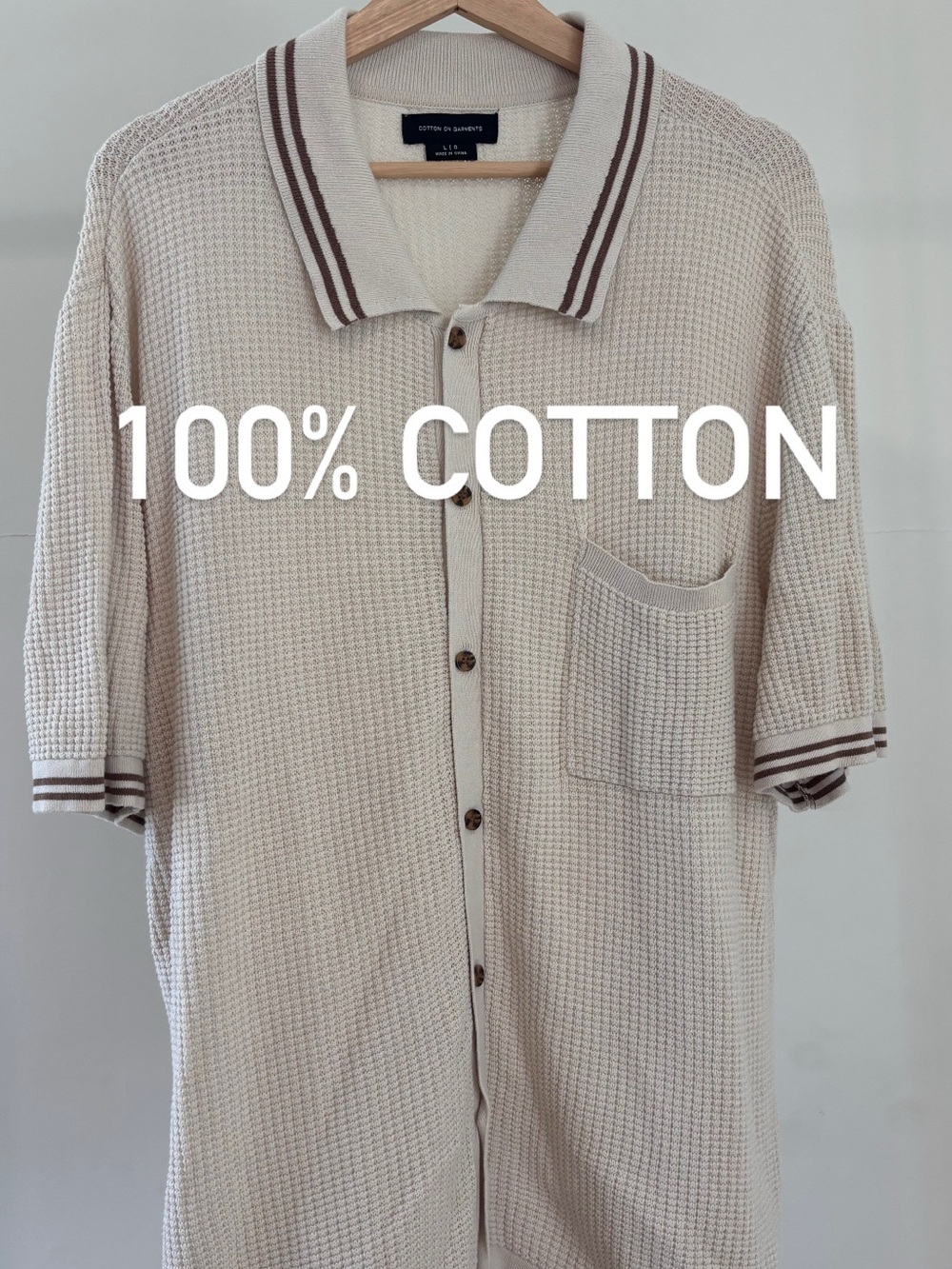 Cotton On Knit Polo Shirt | Beige with Brown Trim | size L